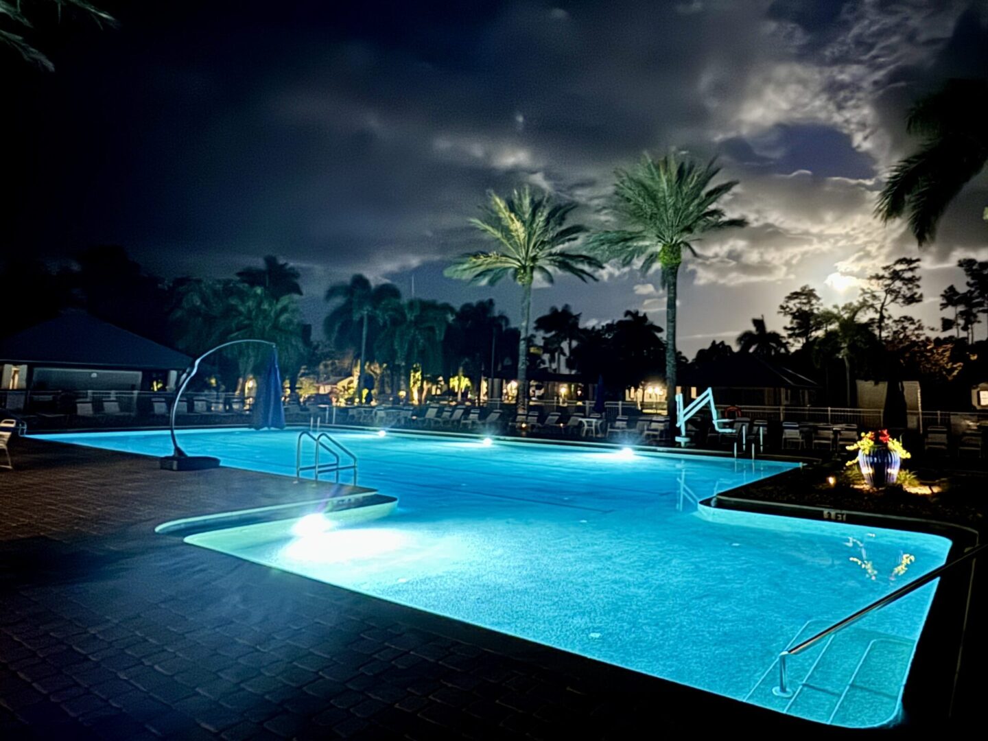 A tranquil nighttime pool scene with illuminated water and palm trees. A tranquil nighttime pool scene with illuminated water and palm trees.